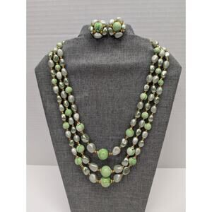 Vintage 3 Strand Necklace Clip Earrings Set Marble Pearly Green Hong Kong